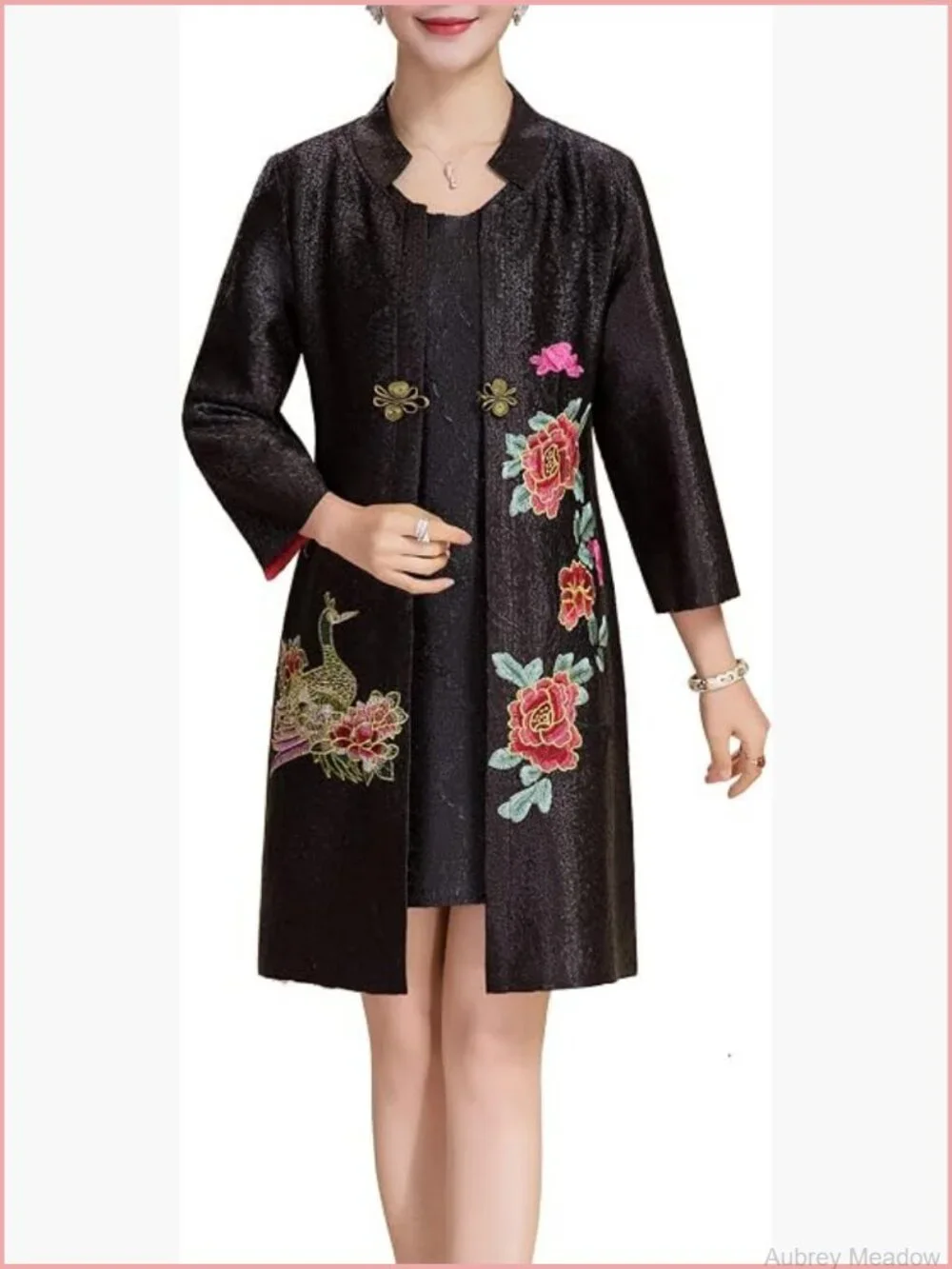 Traditional Embroidery Mandarin Duck Flowers Crinkled One Button Blazer Jacket